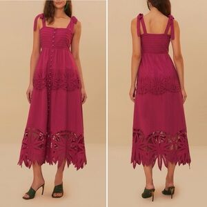 Farm Rio Daisy Cutwork Embroidered Sleeveless Tie Strap Pink Midi Dress size S
